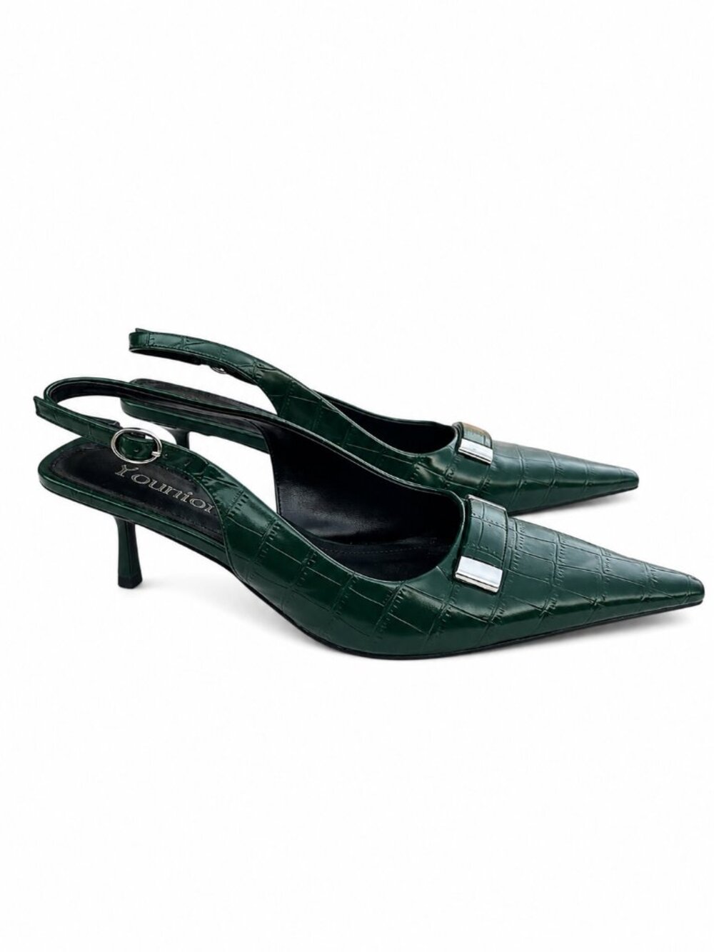 Younton Women's Green Croc Embossed Slingback Kitten Heel Pointed Pumps, 8.5 - Picture 2 of 7